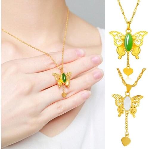 Lady Imitation Hetian Jade Stone Inlaid Jade Butterfly Pendant Necklace For Women Hot Style Butterfly Necklace Fine Jewelry
