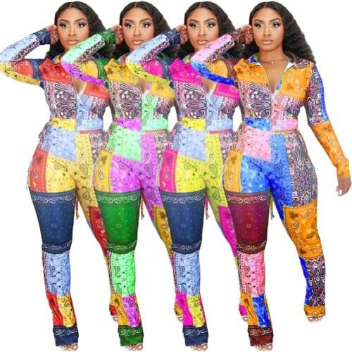 2020 Best Quality Famous Brand 2 pcs Women Set Print Patchwork Turn-down Collar Tops Long Pants Sexy Outfits