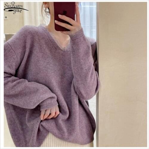 Autumn Winter New 2021 Korean Womens Retro Purple Tops Pullover Sweater Loose Raccoon Velvet V-Neck Sweater Plus Size 15920