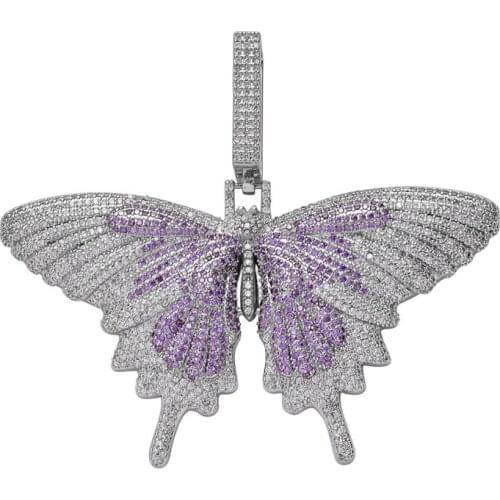 Iced Out Bling Big Butterfly Necklace Luxury Micro Paved CZ Diamond Women Hip Hop Jewelry Stainless Steel Chain Necklaces