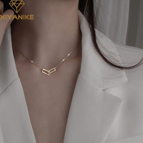 XIYANIKE 925 Sterling Silver Double Square Hollow Rhinestone Necklace Female Unique Design Geometric Clavicle Chain ожерелье