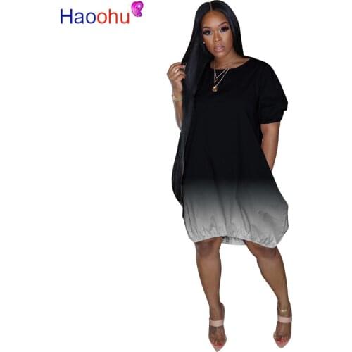 Gradient Color Print Women Hoodie Dress for Women Fashion O Neck Short Sleeve Loose Dresses Classic Knee Length Sweatshirt Dress