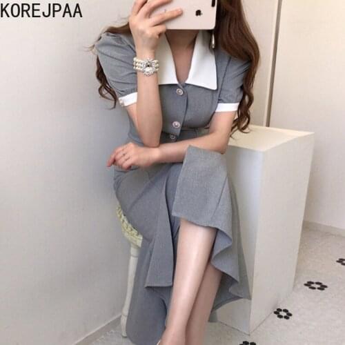 Korejpaa Women Dress 2021 Summer Korean Chic Ladies Elegant Temperament Lapel Single-Breasted Puff Sleeve Mermaid Vestidos