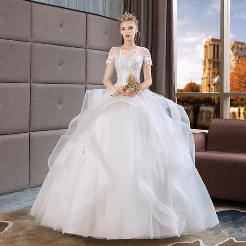 Sexy With Ruffles Rached Embroidery Short Sleeve O-Neck Wedding Dresses 2021 New Luxury Ball Gown Wedding Dress Vestido De Noiva