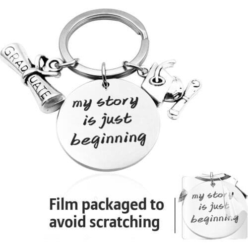 2021 Graduation Keychain Compass Trencher Cap Friend Student Schoolmate Keyring Quote"my story is just beginning" Key Chain Gift