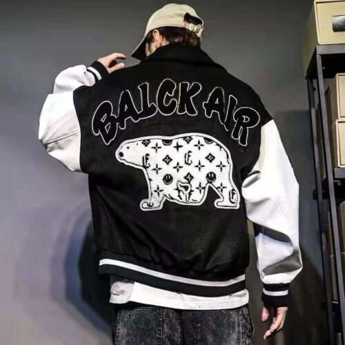 Hip Hop Bear Embroidery Baseball Jacket Men Women Patchwork Gothic Punk Style Long Sleeve High Street Women Outerwear Coats Fall