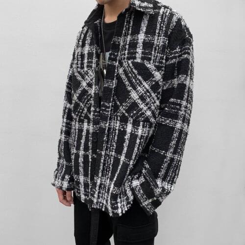 Harajuku Black White Plaid Shirt Jacket Thicking Autumn Winter 2021 Streetwear Checkered Shirt Jacket Mens Woven Casual Clothes