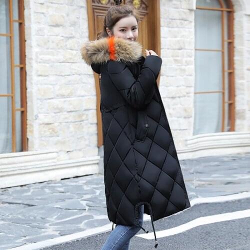Fad Winter Jacket For Women X-long Slim Hooded Womens Coat Oversized Thick With Fur Collar Casual Cotton Padded Female Parkas