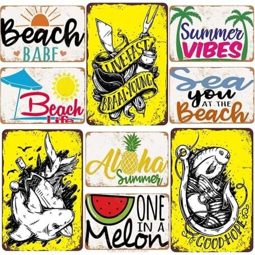 Summer Beach Sea Shabby Metal Tin Sign Wall Art Iron Painting Pub Vintage Metal Tin Plate Plaque Bar Decor Restaurant Art Poster