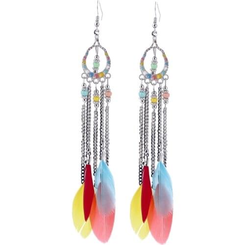 LOVBEAFAS Feather Chain Tassel Long Earrings For Women Tiny Beads Charm Enamel Fashion Brinco Jewelry Vintage Bohemian Earrings