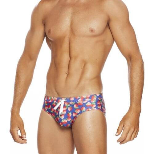 Mens Swim Briefs Bikini Swimwear Strawberry Blue Comfort Drawstring Nylon Beach Surf Shorts Sexy Gay Pool Trunks Swimsuits