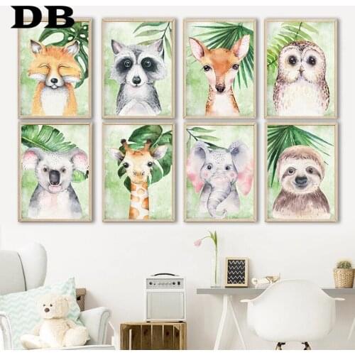 Green Leaf Jungle Animals Owl Fox Raccoon Koala Wall Art Canvas Painting Nordic Posters And Prints Wall Pictures Kids Room Decor