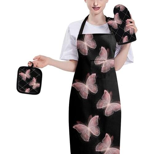 Butterfly Solid Color Pattern Cooking Accessories Gloves Mat and Apron Baking BBQ Oven Grill Heat Insulation Mitts Set Non-slip