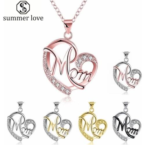 New Carved Letters Heart Mom Necklace Charm Pendant Colorful Zircon Necklace Gold Color Mothers Day Birthday Gift Jewelry