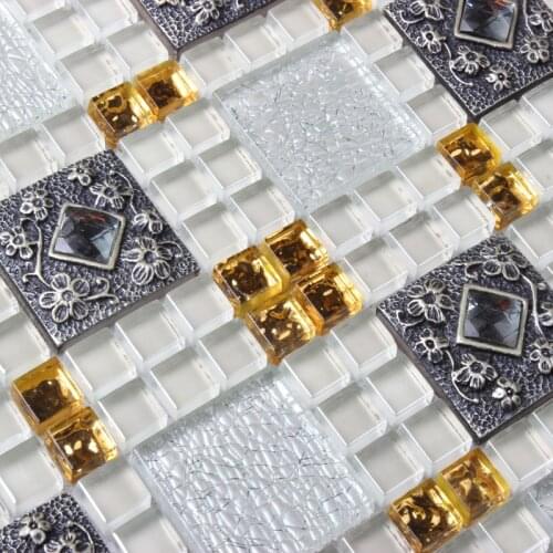Retro Glass Mosaic Tile Resin Gold White Diamond wall tile for DIY Cabinet Liner KTV Showroom Wall Tile Home Improvment