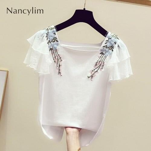 Shirt Summer New Korean Version of Small Fresh Lace Stitching Short Sleeve T-shirt Womens Casual Embroidery Floral Sweet Blusas