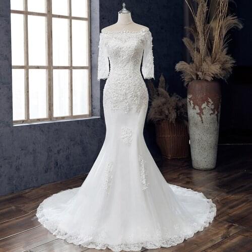 Mermaid Wedding Dress Half Sleeve 2021 Boat Neck Bridal Dress With Court Train Princess Lace Vestido De Noiva Plus Size