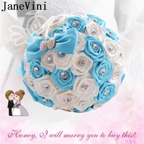 JaneVini 2019 Blue Bride Bouquet with Crystal Pearls Luxury Satin Rose Wedding Flowers Bridal Bouquets Beaded Bow Fleur Mariage