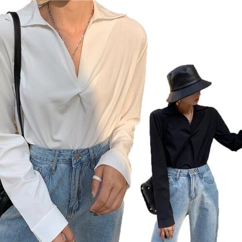 New Sexy Tops Womens Long-sleeved Thin V-neck Wild Pleated Shirt Plus Size L-4XL Top Cloth