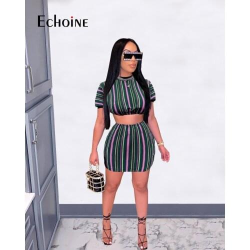 Echoine Two-Piece Set Woman Sexy Stripe Multicolor Short-sleeved Waist Crop Top With Mini Short Skirt Casual Outfits Summer 2021