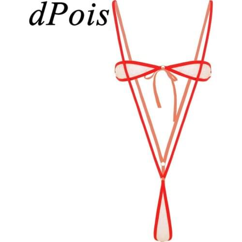 2Pcs Womens Micro Mini Sheer Lace Bikini Lingerie Set Strapless Tie-on Tube Bra Bandeau Top with Suspender Thong G-String Briefs