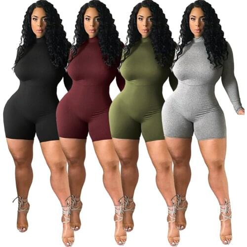Womens fashion sexy solid color long-sleeved jumpsuit with zipper half-high collar fashion sports fitness pants jumpsuit