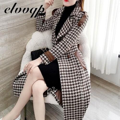 Lady Long Wool Coat Fashion Plaid Long Sleeve Elegant Office Jacket Female Turn Down Collar Casual Coat Women 2020 New Lu1422
