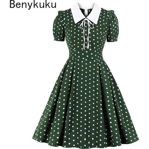 Turn-down Collar Tie Front Polka Dot Robe Vintage Dress Short Sleeve Women Green 50s Pin Up Dress Elegant Summer Pleated Dress