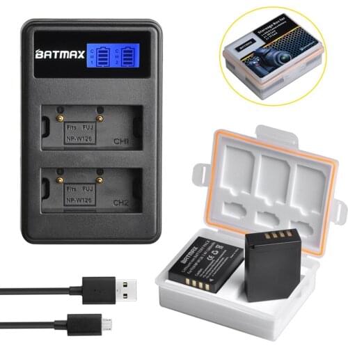 2Pcs NP-W126 NP W126 Battery+LCD USB Charger+Battery Storage Box for Fujifilm FinePix HS30EXR HS33EXR HS50EXR X-A1 X-E1