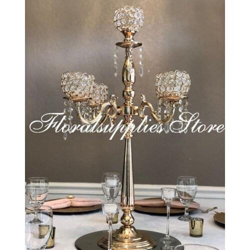 75 cm height 5-arms metal Gold/ Silver candelabras with crystal pendants wedding candle holder Event centerpiece