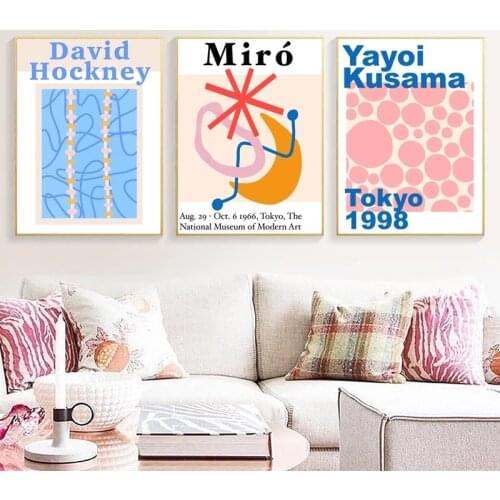 Yayoi Kusama Hockney Miro Abstract Canvas Painting Posters and Prints Gallery Exhibition Wall Art Pictures Home Decoration