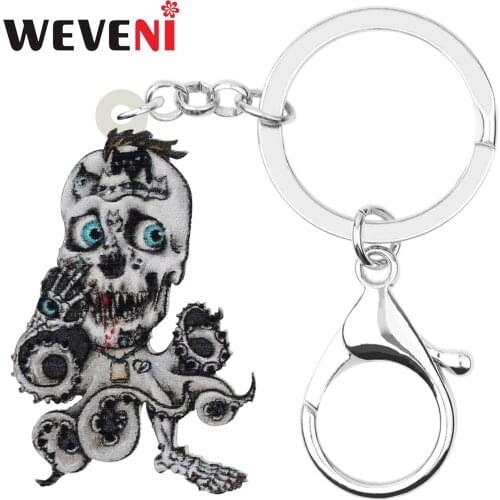 WEVENI Acrylic Halloween Octopus Skull Keychains Printing Realistic Keyring Jewelry For Teen Kid Men Novelty Gift Wallet Charms