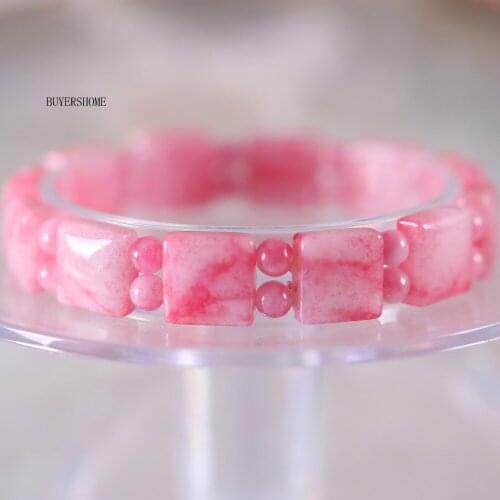Free Shipping Women Jewelry Stretch Natural Pink Stone Round Square Beads Bracelet 7" 1Pcs H453