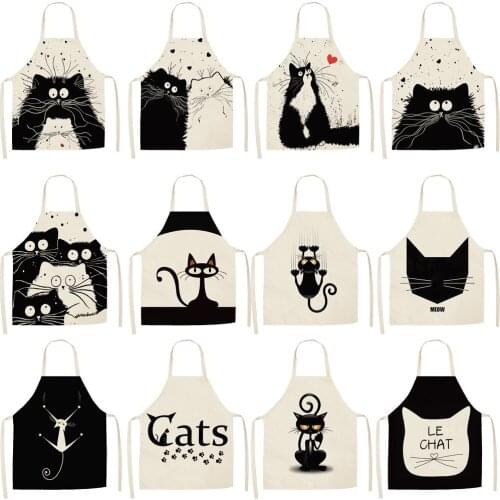 Black Love Cat Print Kitchen Cooking Baking Apron 53*65cm Womens Sleeveless Cotton Linen Household long aprons for woman