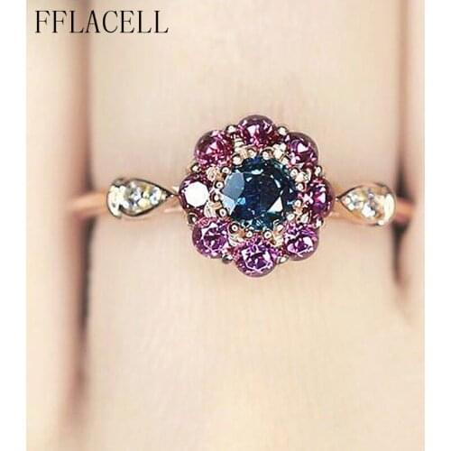 FFLACELL Fashion Unique Vintage Three-Color Sunflower Inlaid Purple Zircon Open Ring Women Elegant Temperament Party Jewelry