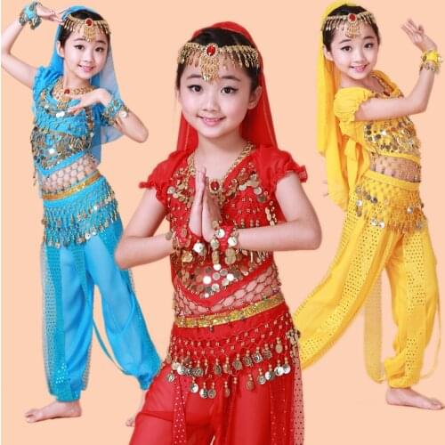 Child belly dance set dance clothes dance india performance wear 5pcs Top&Pant&Belt&Headband&Bracelet,4 colors.VL-293