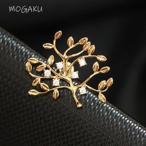MOGAKU New Gold Color Tree Brooches for Women and Men Fashion Wreath Lapel Collar Pins Ladies Crystal Brooch Pin Girls Corsage