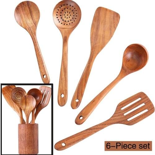 5-8 pcs sets Teak Natural Wood Tableware Spoon Ladle Turner Rice Colander Soup Skimmer Cooking Spoon Scoop Kitchen Reusable Tool