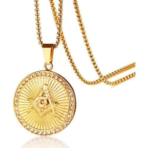 Stainless Steel Gold Freemasons Zircon Stone Pendant Necklace Jewelry Men Punk Rock Fraternity Gift For Him with Chain