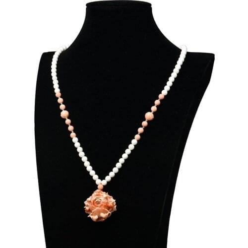 New Synthetic 6&10mm Beads with Flower Shape 38mm Yellow Pendant Making Design Diy White Shell Necklace 24inch Ladies H438