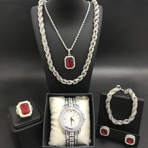 Luxury Men Silver Color Watch & Neckalce & Braclete & Ring & Earring Combo Set Ice Out Cuban Jewerly In Crystal Neckalce For Men