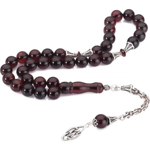 Silver Big Fire Amber Gemstone Prayer Rosary Men Drop Rosary With Silver Tassel Islamic Tasbih With King Model Tassel