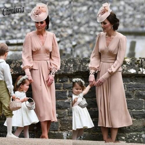 Simple V-Neck Chiffon Mother Of The Bride Dresses Long Sleeve Tea Length Vintage Wedding Guest Gowns Formal Party Dress