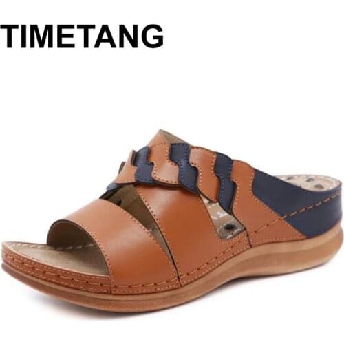 TIMETANGSummer outdoor round head stitching womens sandals car stitching non-slip massage slope heel womens slippers large siz