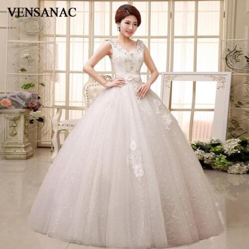 VENSANAC 2018 Crystal V Neck Lace Flowers Appliques Ball Gown Wedding Dresses Sequined Bow Sash Backless Bridal Gowns