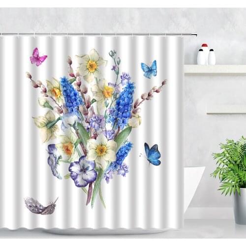 3D Hand Painted Spring Floral Shower Curtains White Purple Flowers Butterfly Pattern Modern Rural Scenery Bathroom Curtain Decor
