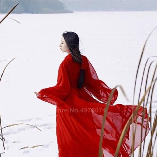 Oriental Traditional Chinese Hanfu Dress for Women Solid Red Plus Size Chiffon Folk Dance Costumes Female Vintage Tang Suit