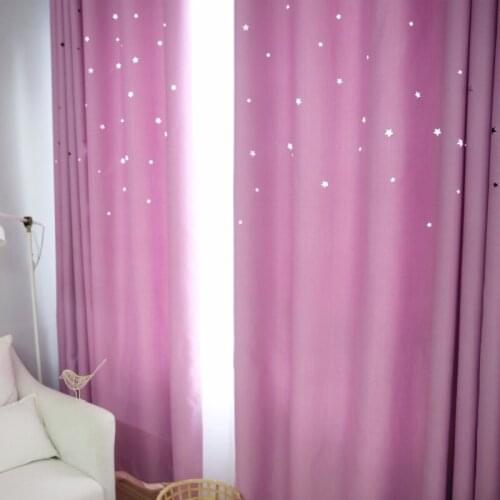 Custom Made Princess style Double Layer Cotton linen Blackout Star Hollow Curtain Tulle Fabric for Home Living Room window Decor