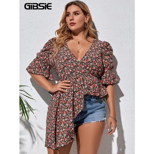 GIBSIE Plus Size Deep V Neck Floral Print Asymmetrical Hem Women Tops Blouses 2021 Summer Boho Casual Puff Sleeve Peplum Blouse