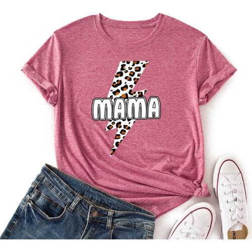 Woman Short Sleeve Colored Graphic Tees Summer T-Shirt Female Tops Shirts for Women Leopard Lightning Bolt Mom Mother